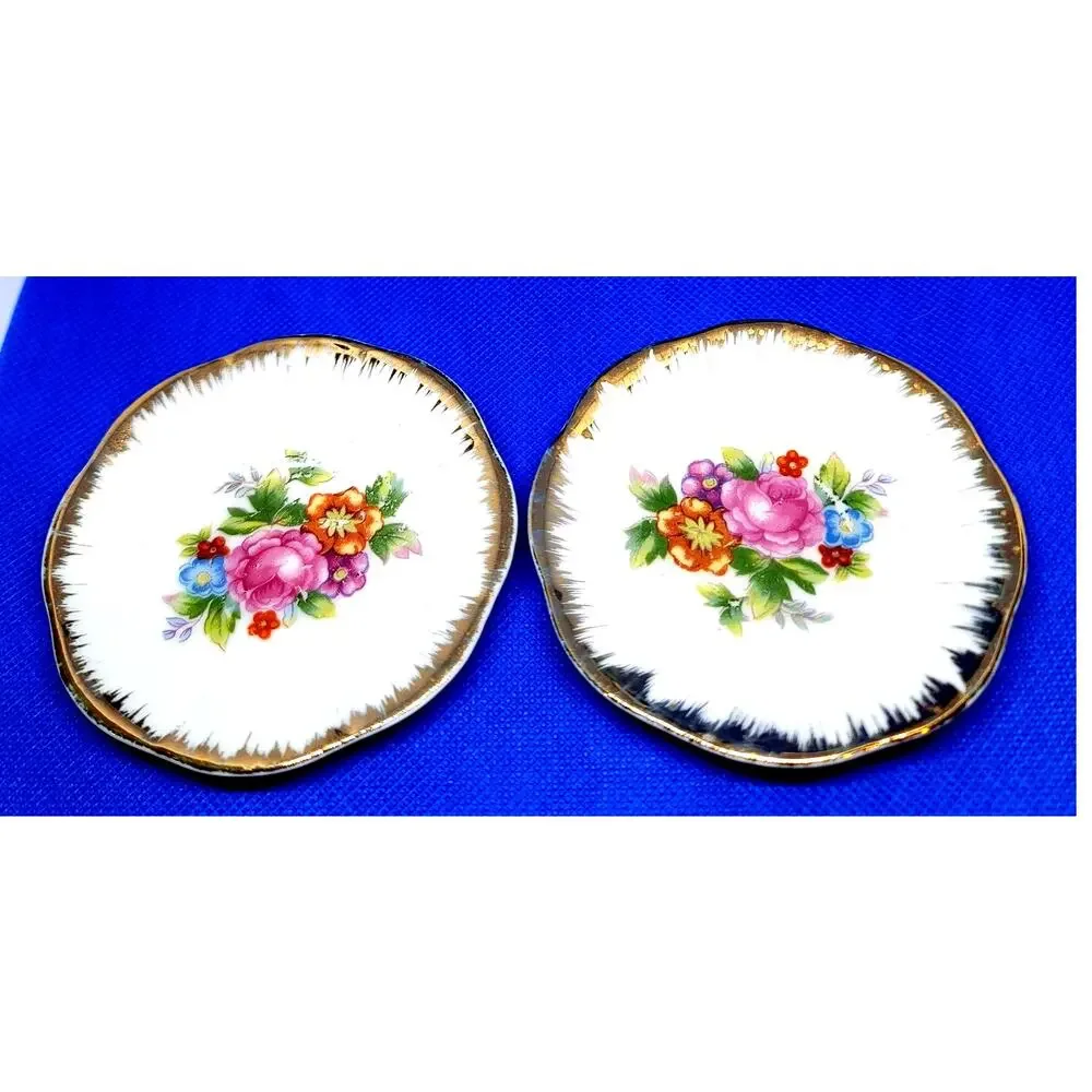 VNTG Japan Mini Porcelain Tea Cup Saucer Gold Trim Footed Base Vibrant Florals